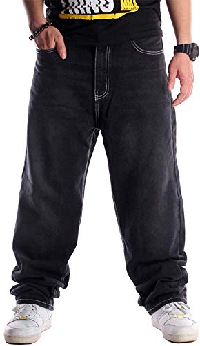 Ylingjun Mens Baggy Hip Hop Jeans Casual Loose Fit Embroidered Skateboard Denim Pants - Black - 46