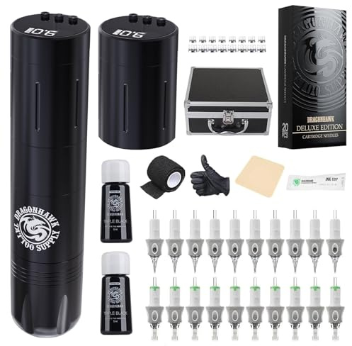 Dragonhawk Tattoo Maschine Set Rotary Kabellose Tätowiermaschine Batterie Pen Tattoo Gun LCD Display von 2pcs Akkus 1500mAh Tattoo Nadeln für Tattoo Anfänger