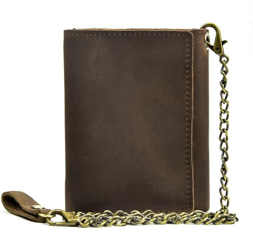 newsbirds Cartera Hombre Monedero de Cuero con Billetera Piel Hombre y Monedero con Cremallera, Billeteras Tri-Fold Hombres 6 Ranuras para Tarjetas Carteras para Hombre con Cadena, Marrón