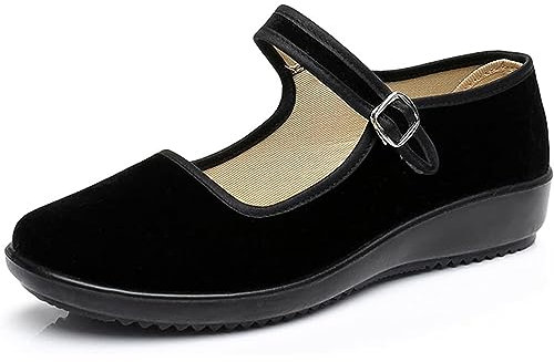 AioTio Samt Mary Jane Schuhe Damen Schwarz Ballerinas Damen Elegant Flache Schuhe Old Peking Stoff Schuhe Weicher Rutschfester Gummisohle Chinaschuhe mit Bequemem Baumwollfutter - (38 EU,240mm)