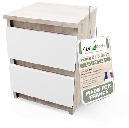 CDF Nachttisch Beistelltisch Schubladenschrank Nachtschrank 2 Schubladen | Nachtkästchen Kleine Kommode für Schlafzimmer Wohnzimmer Kinderzimmer Flur Modern - Malwa M2 Eiche Sonoma Weiß