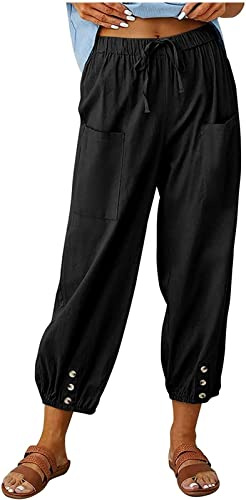 ASKSA Pantalon 7/8 Femme Été Lin Ample Longueur Pants Cordon pour Décontracté à Jambes Léger en avec Poches (Noir,3XL)
