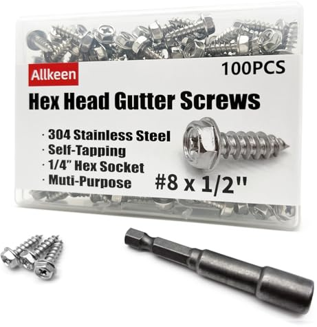Allkeen 304 Stainless Steel Self Tapping Screws for Gutter Guard #8 x 1/2, 100 Pieces, Socket Bit Included