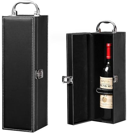 Geschenkbox für 1 Weinflasche | Weinverpackung mit Verschluss| Weinbox in schwarz aus Kunstleder für 0,7L Weinflasche | tragbare Weinkiste für Wein | ideal um Flasche Wein stilvoll zu verschenken