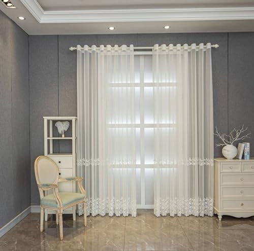 Gardinenschals 2er Set Weiß, Vorhänge Halbtransparent Schlaufen Stickerei mit Schmetterlinge Motiv 132x183CM Lichtdurchlässige Gardinen Polyester Schiebevorhänge für Wohnzimmer Schlafzimmer Küche