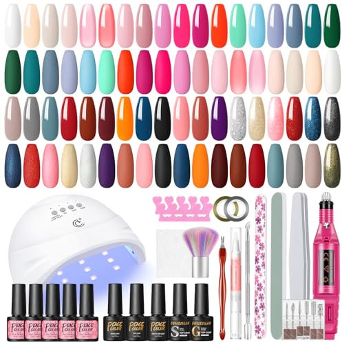 PEACECOLOR 53Pcs Gel Nail Kit with U V Lamp and Drill, 35 Colours Gel Nail Polish Set with Soak Off Golden Silver Matte Glossy Top Coat Manicure Tools, Nail Kits Full Set Christmas Gifts Set for Women