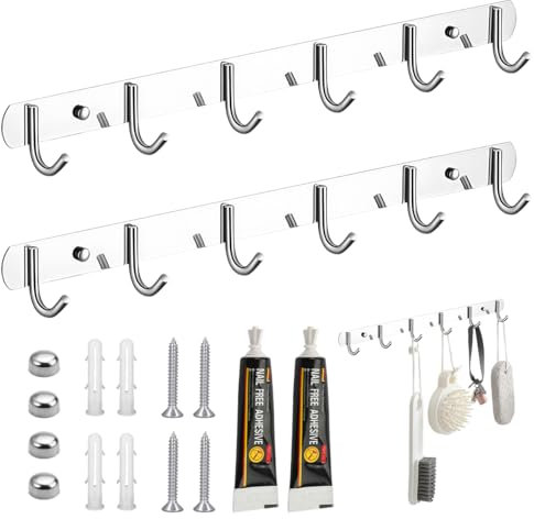 2 Stück Kleiderhaken Wand 31cm, Hakenleiste Edelstahl, Garderobenleiste mit 6 Haken, Wandgarderobe, Garderobenhaken für Kleidung, Jacken, Taschen, Hüte, für Schlafzimmer, Schrank, Badezimmer, Küche