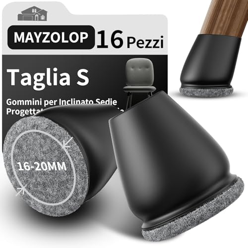 MAYZOLOP 16 protezioni per pavimenti per sedie, Ø16-20 mm, tappi rotondi in silicone nero, protezioni per pavimenti in legno duro con feltrini grigi, nessun graffio, nessun rumore