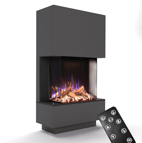 GLOW FIRE Kaminofen PR14 mit realistischem 3D E-Motion LED-Feuer - Stand-Elektrokamin mit Heizung und Kaminfeuer, Knistereffekt & Timer, max. 1500 W, 85x150x39,8cm, Grau
