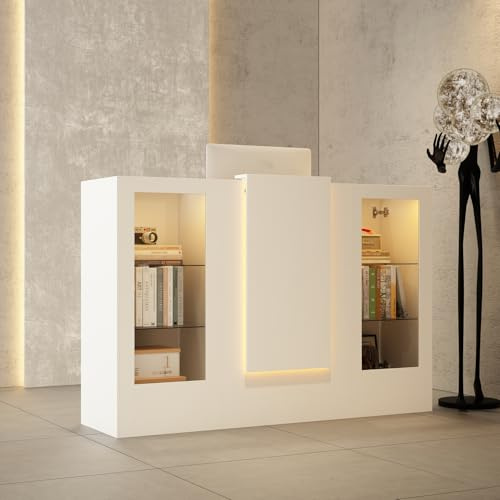 Caldion Empfangstheke mit LED-Beleuchtung,Empfangstresen mit Tatsaturschublade,Rezeptionstheke aus gehärtetem Glas,Empfangstisch mit 2 Schränken,Esszimmer,Büro,Weiß,150x51x103cm