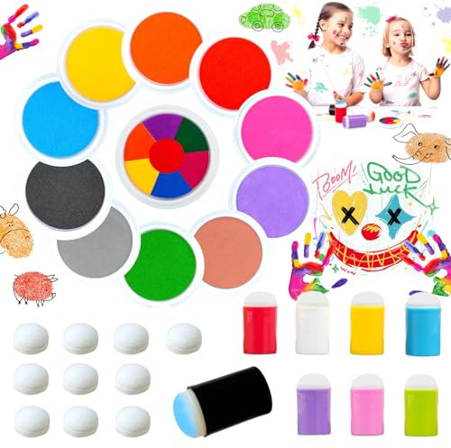 MOAMUN 11 Stück 18CM Große Waschbare Stempelkissen Bunt mit 18 Schwamm Finger, 15 Farben Stempel Kinder Stempelfarbe, Runde Fingerfarben Kinder Ungiftig für DIY Gummistempel Papier Handwerk Malerei