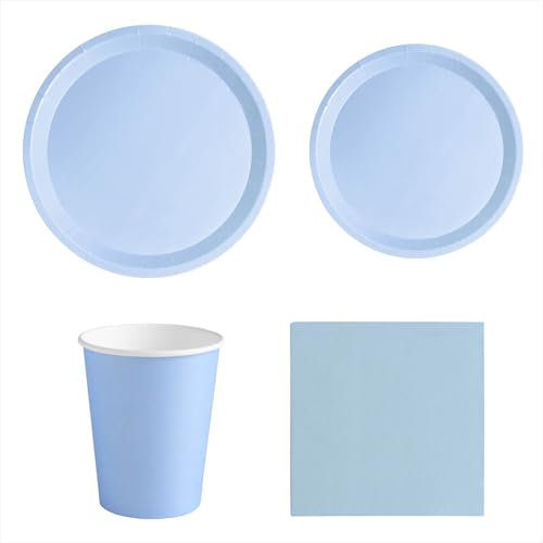 MAXI PRODUCTS - Set Vajilla Desechable Fiesta 20 Personas Azul Pastel - 114 piezas - Vasos Cartón 270 cc + Platos Cartón Ø17 y Ø20,5 cm + Servilletas Papel 25x25 cm - Menaje para Cumpleaños y Eventos