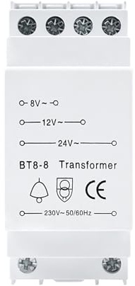 DEWIN DIN Rail Doorbell Transformer, 230V to 8V/12V/24V AC, 8VA Maximum Output, 50Hz, For Wired Doorbell & Compatible With Chime/Smart Door Bell