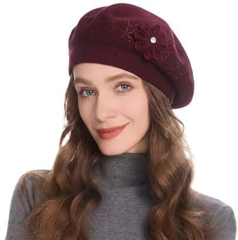 ZLYC Damen Französische Baskenmütze Winter Barette Beret mit Blumen Blumen Verziert
