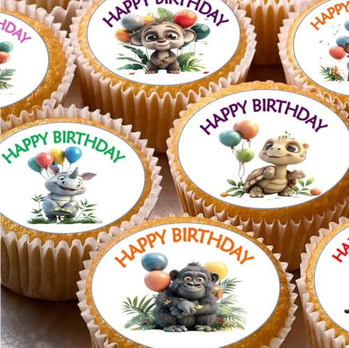 Jungle Animals Happy Birthday, Pre-cut Edible Wafer Cupcake Toppers, Safari Theme Party Cake Decorations x 24