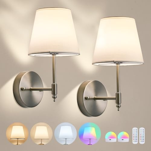 DSJK Rechargeable Wall Lights Indoor Set 2,Brushed Nickel,for Bedroom | 2 Rechargeable Bulbs,2500mAh×2,No Wiring,Dimmable,15 RGB Colours,Fabric shade,Living Room battery operated wall lights