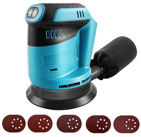 Roadtime Exzenterschleifer für Makita 18V Akku(no Akku),125mm Schleifmaschine 20,000 U/min, 3 Geschwindigkeiten mit Staubfangbehälter und 20 Schleifpapier, für Holzbearbeitung,Schleifarbeiten
