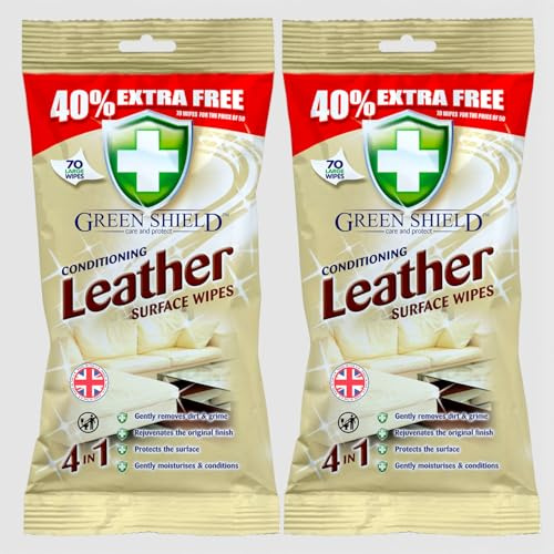 2 x 70 Wipes Green Shield LEATHER Surface Cleaning Wipes – Unscented Leather Cleaner That Cleans, Protects & Conditions Furniture, Upholstery, Sofas & Car Seats [Total 140 Wipes]