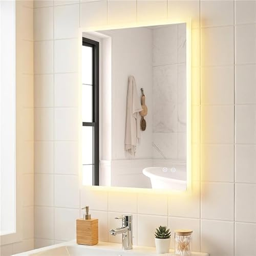 COSTWAY Specchio da Bagno LED 70 x 50 cm, Specchio da Parete Rettangolare con Anti-appannamento, Memoria, 3 Colori di Luce, Dimmerazione Continua e Vetro Temperato Infrangibile (70 x 50 x 3 cm)