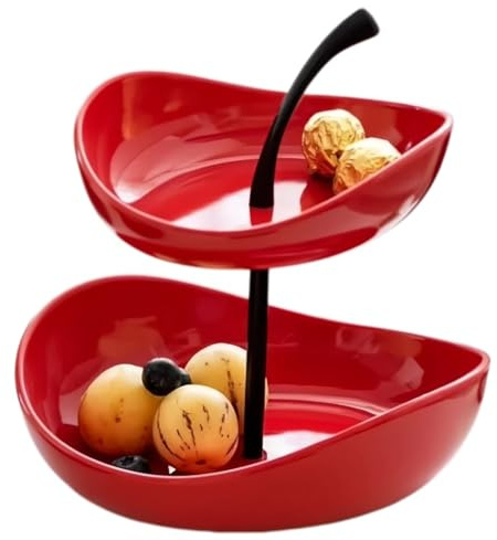 QINGFENGYI Doppelte Obstschale Modern Mit Zwei Schalen Aus Keramik Und Metallschalen Obstschale Keramik Bei Snacks, Nüssen, Kuchen (Red)