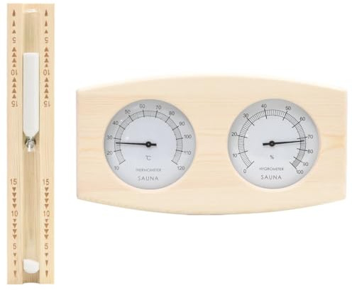 2-in-1 Sauna Hygrothermograph and Hourglass Set Made of Solid Pine Wood with Heat-resistant Glass, 15 Minute Hourglass, Sauna Accessories for Infusion, Aromatherapy, Wellness and Relaxation