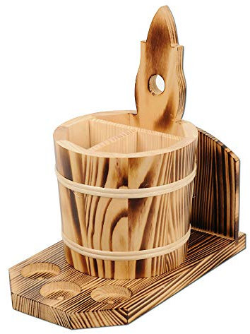 Scampolo Design Besteckfass mit Menagenhalter und Kartenhalter 26 cm Geflammt aus Holz