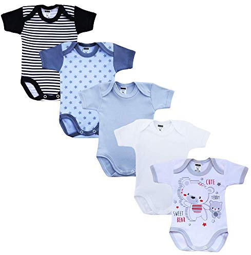 MEA BABY Unisex Baby Kurzarm-Body mit Aufdruck aus 100% Baumwolle im 5er Pack, Baby Body für Mädchen und Jungen (Jungen, 74, Blau)