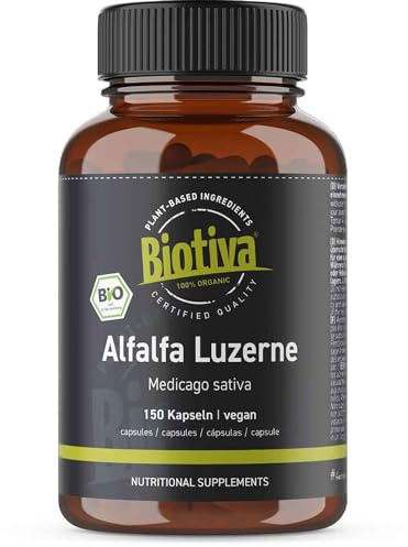 Lucerne alfalfa bio 150 Gélules - Medicago sativa - Végan - Grand trèfle - Foin de Bourgogne - Extrait naturel de plantes - Conditionné et contrôlé en Allemagne - Biotiva