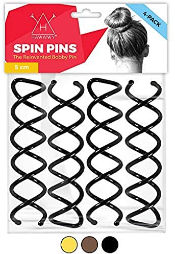Hawwwy Spiral Spin Pins - 4 Pack Premium Black Spin Pins | Easy & Fast Non-Scratch Alloy Bun Maker Hair Pins for Buns Women Kids | Messy Bun Bobby Pins Black Hair Accessories
