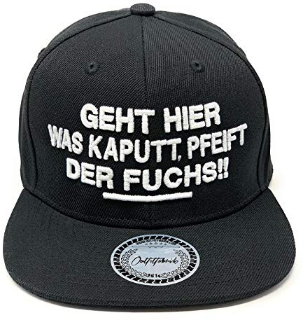 Outfitfabrik ♥ Snapback Cap Geht Hier was kaputt, pfeift der Fuchs in schwarz mit 3D-Stick in weiß (Lifestyle, Provokation, Statement, lustige Sprüche) für Männer und Frauen, One Size