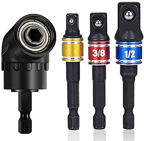 XINCHAO 105° Winkelschrauber Vorsatz Adapter und 3 Stücke 1/4 3/8 1/2 Cr-V Hex Square Stecknuss-Adapter-Set Sechskant Stecknussadapter Verbindung Verlängerung für Akkuschrauber