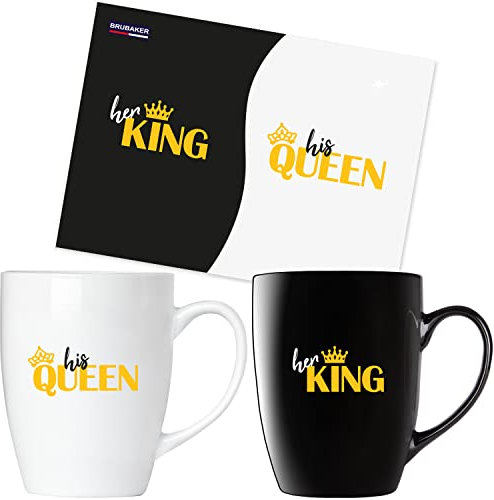 BRUBAKER Coffee Mugs Her King & His Queen with Greeting Card - Couple Coffee Mugs Black and White - 300 ml (10 fl.oz.) Mugs Gift Set - Mug Set in Gift Box for Valentine's Day, Wedding and Christmas