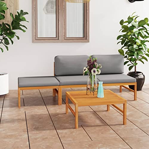 Tidyard 4-TLG. Gartenmöbel mit Grauen Kissen Lounge Sofa Sitzgruppe Garten Garnitur Gartenset Sitzgarnitur Gartensofa Massivholz Teak