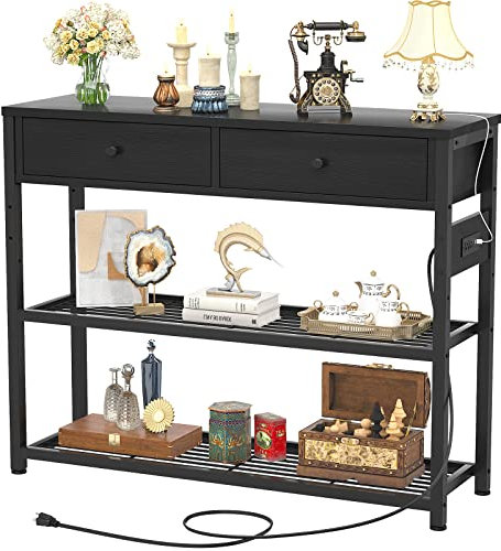 Ecoprsio Entryway Table with Outlets and USB Ports, Console Table with 2 Drawers, Small Sofa Table with Storage Shelves for Living Room, Couch, Hallway, Foyer, Kitchen Counter, 32'', Black
