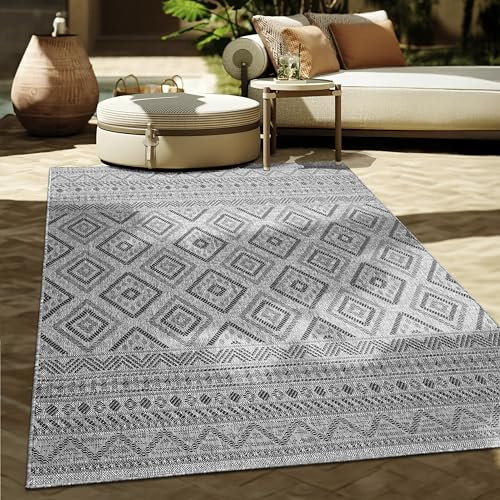 Paco Home Outdoor Teppich Flachgewebe Modern Boho-Style wetterfest & UV-beständig Ideal für Terrasse Balkon Wohnzimmer & Küche, Grösse:80x150 cm, Farbe:Anthrazit