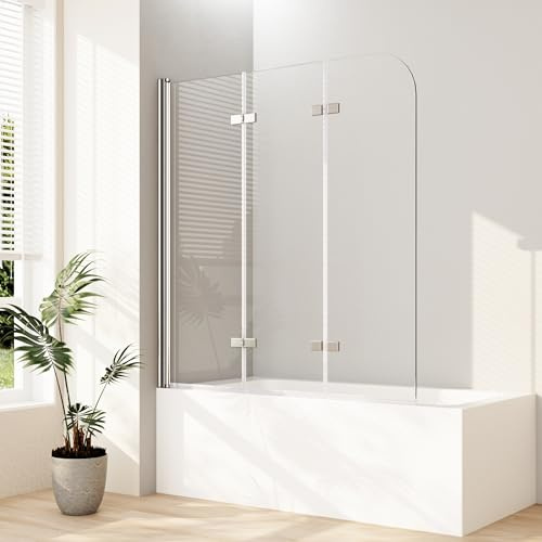 Duschwand für Badewanne, 130x140cm(BxH) 3-teilig faltbar Badewannenaufsatz Badewannenfaltwand Duschwand Faltwand Duschabtrennung für Badewanne mit 6mm NANO Sicherheitsglas