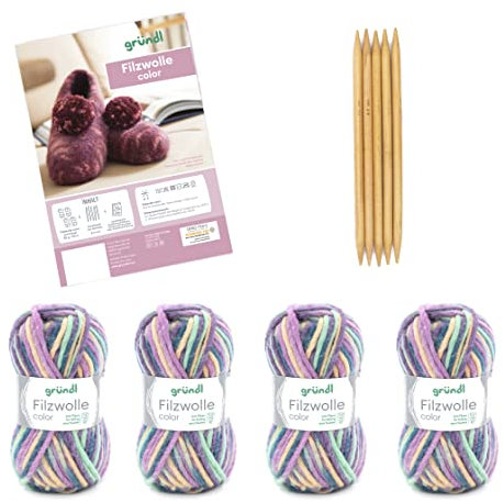 Gründl Wolle Filzwolle color - Dicke Wolle zum Filzen in der Waschmaschine für 1 Paar Hausschuhe mit Anleitung und Nadel - Weich und hautfreundlich - 100 % Schurwolle - 4 Knäuel 50 g/50 m - rose-grün