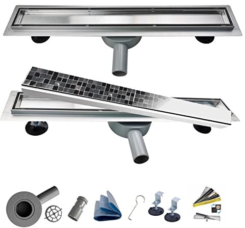 AQUA HEATING 2in1 linearer Edelstahl-Bodenablauf superflach Komplettset für Badezimmer mit bodengleicher Dusche, Duschrinne Set, Duschablauf Drehsiphon Doppelseitiger Rost 80 cm Silber
