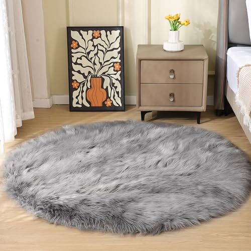 ORINOVA Teppich Rund Grau 150 cm Flauschig Fellteppich Schlafzimmer Kunstfell Wohnzimmer Kuschelteppich Weich Bettvorleger Waschbar