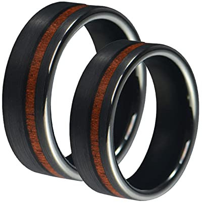 BCughia Freundschaftsringe Beste Freundinnen, Herrenring Schwarz Edelstahl 8 mm Schwarzes Ring Inlay Holz Damengröße 57(18.1), Herrengröße 54(17.2)