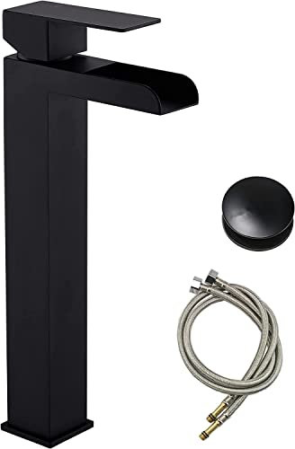 Wasserfall-Badarmaturen in gebürstetem Gold – Einhand-Waschtischarmatur for Waschbecken mit Pop-Up-Ablauf, inklusive bleifreien Schläuchen (Color : Matte Black)