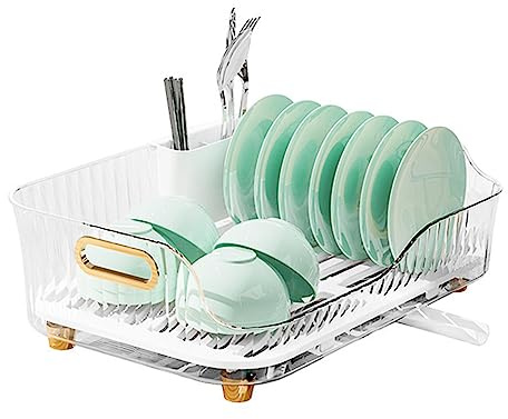 Large Capacity Dish Drainer Rack, Dish Drying Rack, Plastic Dish Rack, Space Saving Plate Drying Rack, Clear Kitchen Draining Rack for Chopsticks Bowl Plate Spoon, Suitable for(Transparent White)