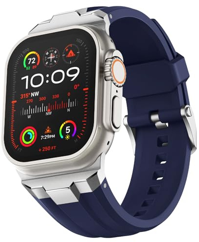 Suitisbest Armband Kompatibel mit Apple Watch Ultra 2 / Ultra 49mm, Series 10 46mm, Serie 9/8/7 45mm, Serie SE/6/5/4 44mm und Serie 3/2/1 42mm, Dunkelblau (Silbernes Metall)