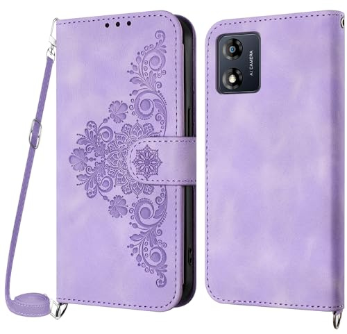 NETANY Funda para Motorola Moto E13 con Cuerda, Flip Billetera Funda Tapa Libro PU Cuero con Ajustable Cordón,【2 Ranuras】【Hebilla Magnética】,Funda para Motorola Moto E13 Cuerda (Morado)