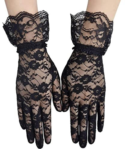 SePkus Kurze Spitzenhandschuhe für Damen, Teeparty, Blumenmuster, Handschuhe, ausgefallene Abendessen, Kleidung, Accessoires, Handschuhe (Farbe: Schwarz, Größe: 21 cm) (Schwarz 21 cm)