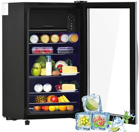 Merax Frigorífico Mini 76L, Freestanding Enfriador de bebidas con refrigerador de 70L + congelador de 6L, con iluminación interior LED y estantes ajustables, súper silencioso para restaurante bar
