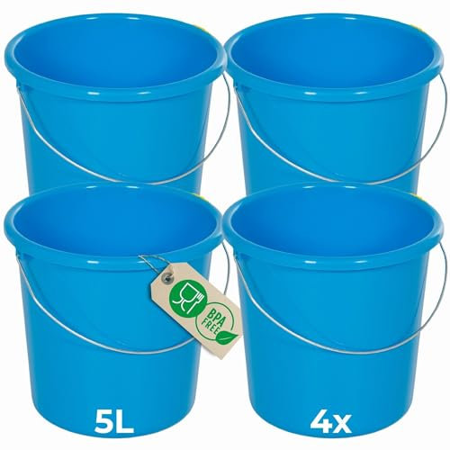 Novaliv Lot de 4 seaux de 5 l bleu avec graduation dimensionnelle - Seau de nettoyage de 5 litres ? 22,5 cm - Pratique et polyvalent avec graduation pour la maison et le jardin - Idéal comme seau