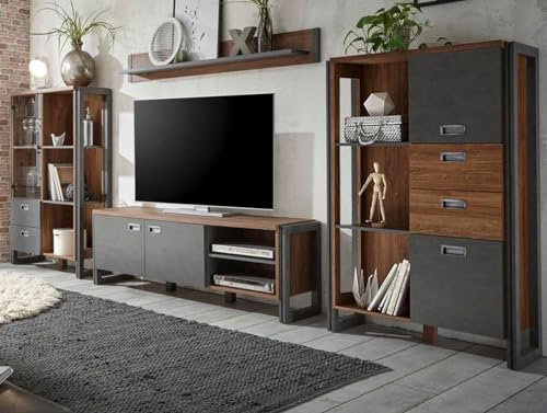Wohnwand in Eiche Stirling und Matera grau, Schrankwand 4-teilig mit 2X Highboard, Lowboard, Wandboard, 356 x 170 cm, Industrial Design Auburn (Set 2)