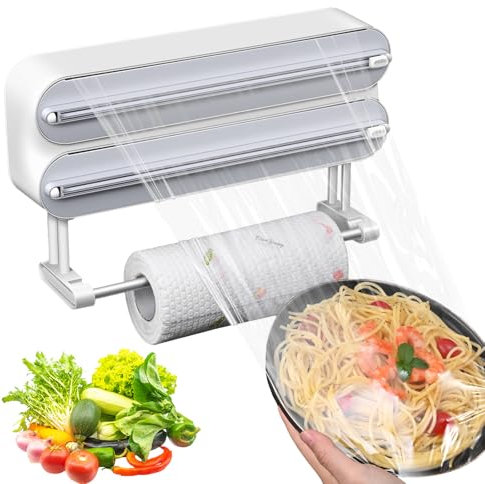 Magnetic Plastic Wrap Dispenser with Cutter,3 in 1 Aluminum Foil wrap Organizer,Upgrade Practical Refillable Cling Wrap Film Cutter，Wall Mount Kitchen Wrap Dispenser - Fits 12 Roll, White