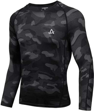 AMZSPORT Herren Langarm Kompressionsshirt, Atmungsaktives Funktionsshirt für Männer, Schnelltrocknendes Sportshirt für Fitness, Laufen, Gym und Jogging Tarnung Schwarz M